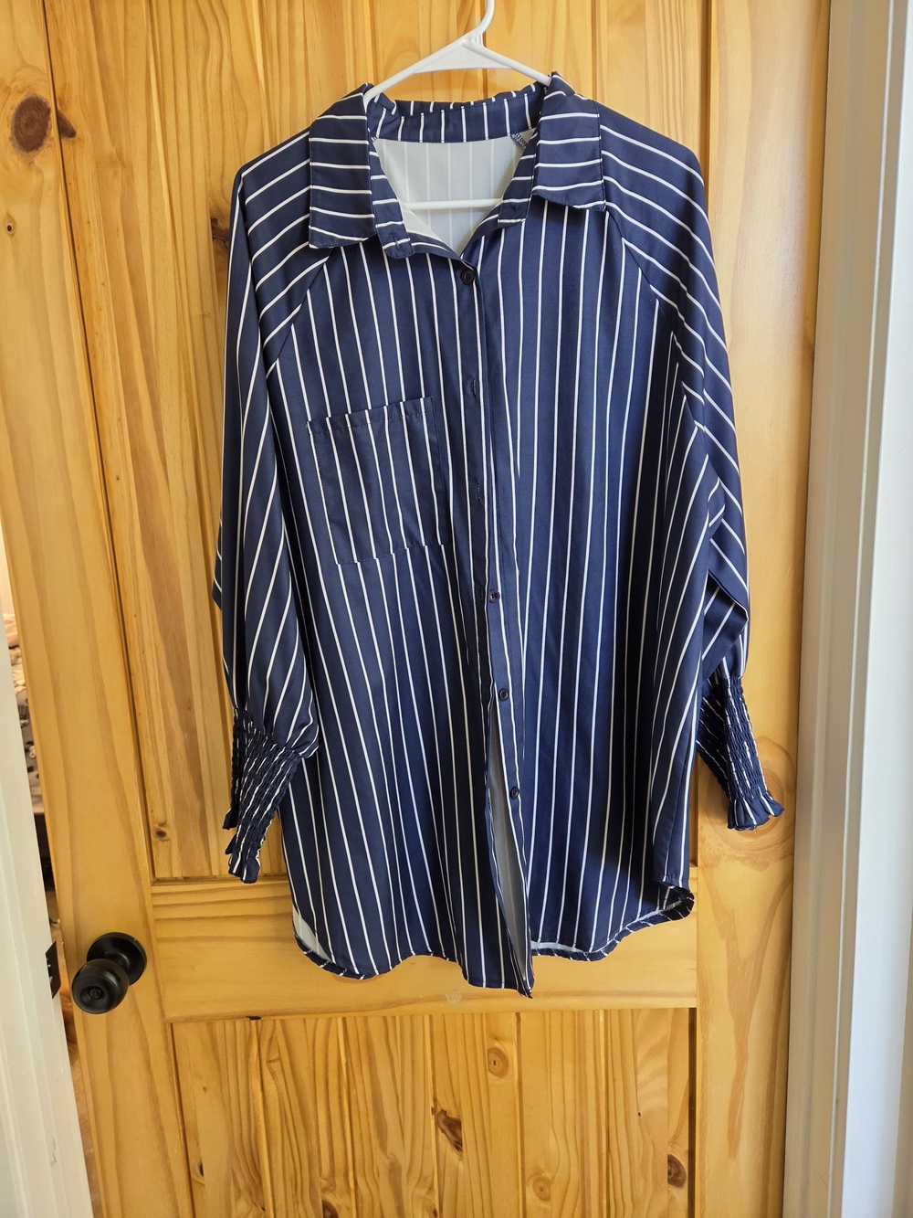 Women's Navy Blue Vertical Stripe Button-Up Shirt